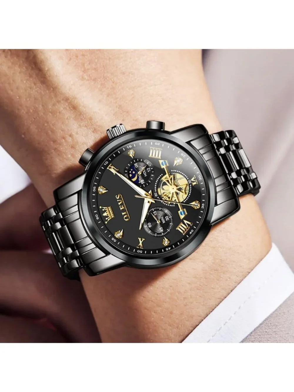Men's Black Skeleton Stainless Steel Diamond Multi Calendar Chronograph Watch